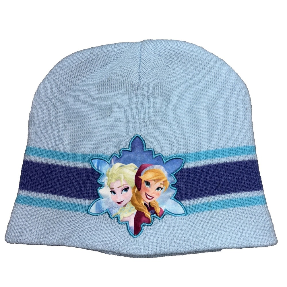 Disney Frozen Girls Youth Blue Stripes Anna & Elsa Beanie, Pom-Pom Hat Sz 8